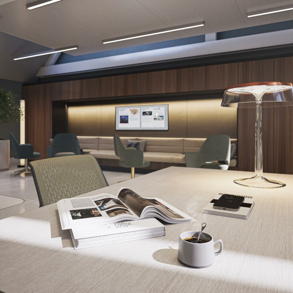 Moderne wachtruimte aan de Nieuwezijds Voorburgwal met een stijlvolle leestafel, designlamp en comfortabele zitplaatsen.